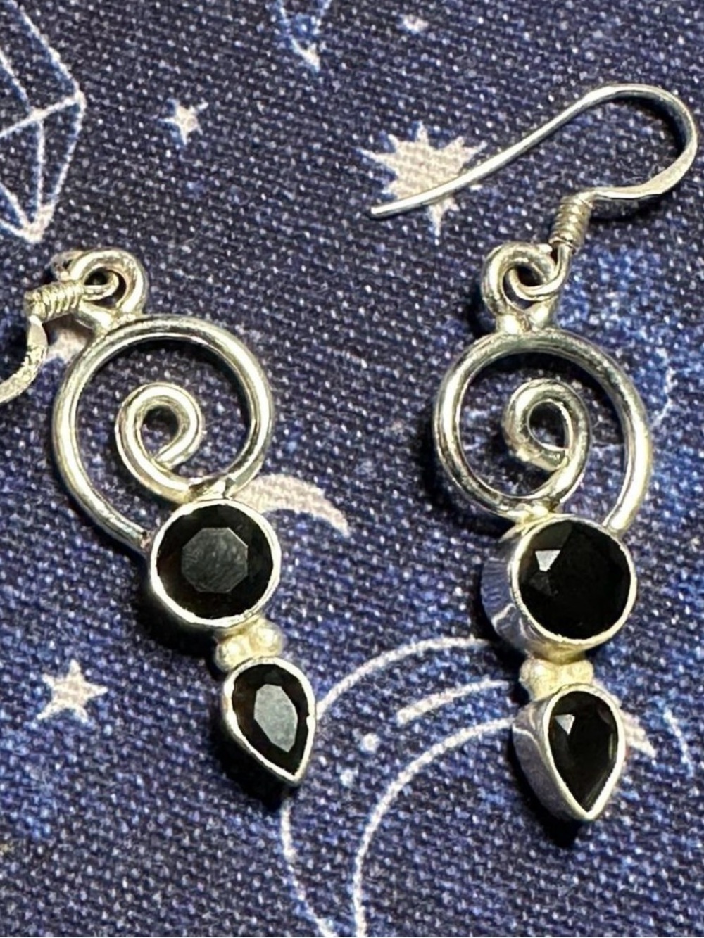 Sterling Silver Black Stone Spiral Drop Earrings